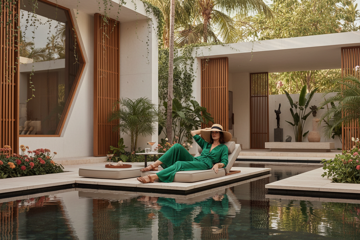 Erkenne das Letzte Bild mit der FRau am Pool an der Villa in dem Grünen Jumpsuit. Das Bild muss im querformat entstehen