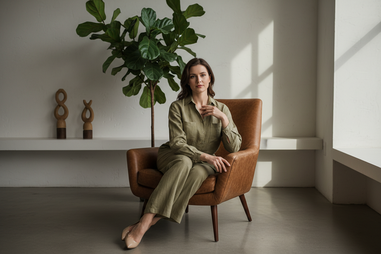 ich brauche mehr Details. Lass eine Frau eine Leinenbluse in einem Khakiton tragen. Sie sitzt in einer art Ledersessel und links von Ihr steht eine Pflanze welches das ganze etwas gemütlicher macht. es soll aussehen wie ein Fotoshooting